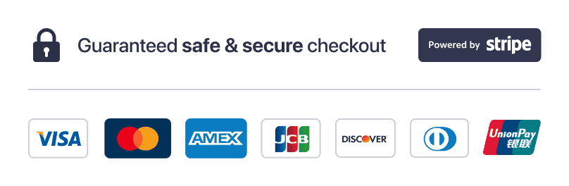 Garantiert sicherer Checkout, VISA, Mastercard, AMEX, JCB, Discover, Diners, UnionPay
